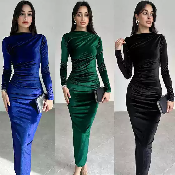 Amazon Women's Clothing 2026 Autumn/Winter New Fashion Solid Color Slim Fit Ruched Round Neck Long Sleeve Dress Gown for Export