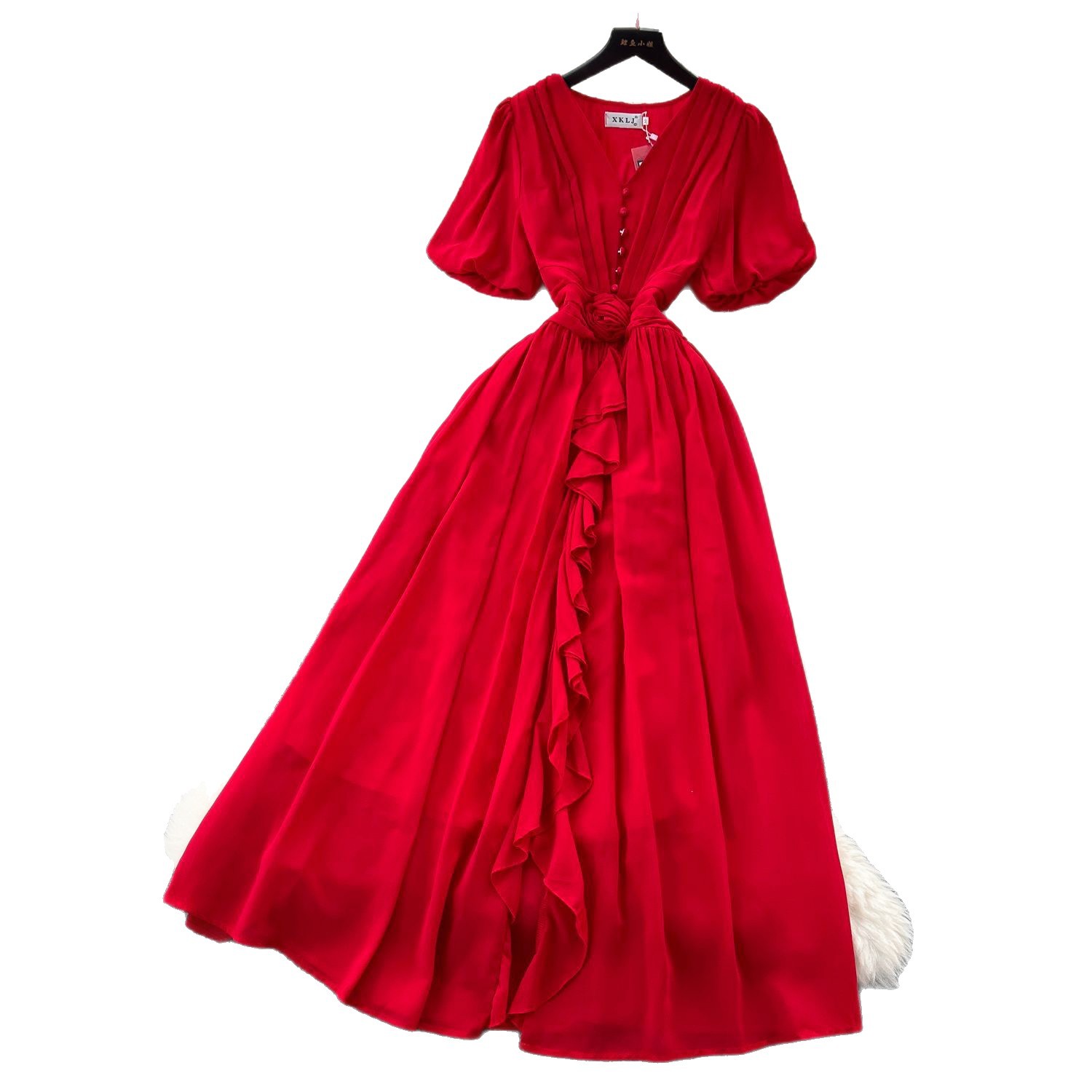 French Elegant V Neck Puff Sleeve Floral Waist Defined Ruffle Chiffon Maxi Dress Sophisticated Style for Special Occasions