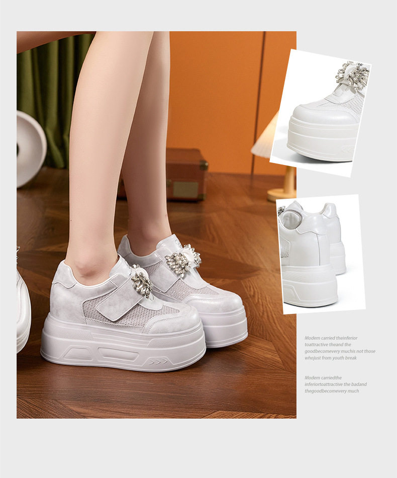 Giày sneaker nữ đế dày chunky trắng phối đá rhinestone, form hầm hố, tăng chiều cao — Trắng, Xám chi tiết 1