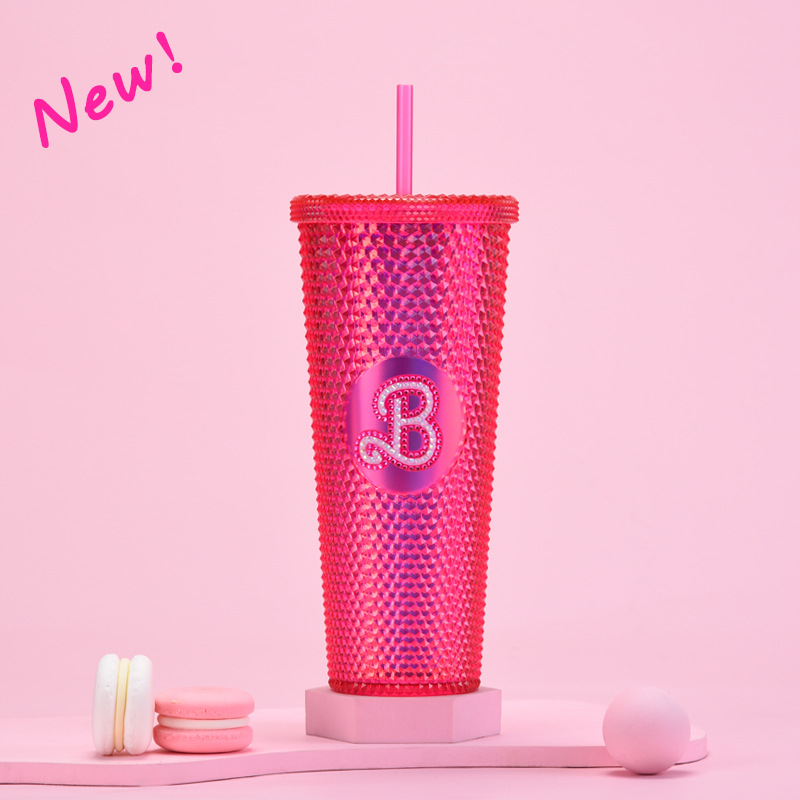 双层塑料吸管杯710ml大容量创意吸管杯扎手杯榴莲杯便携钻石杯