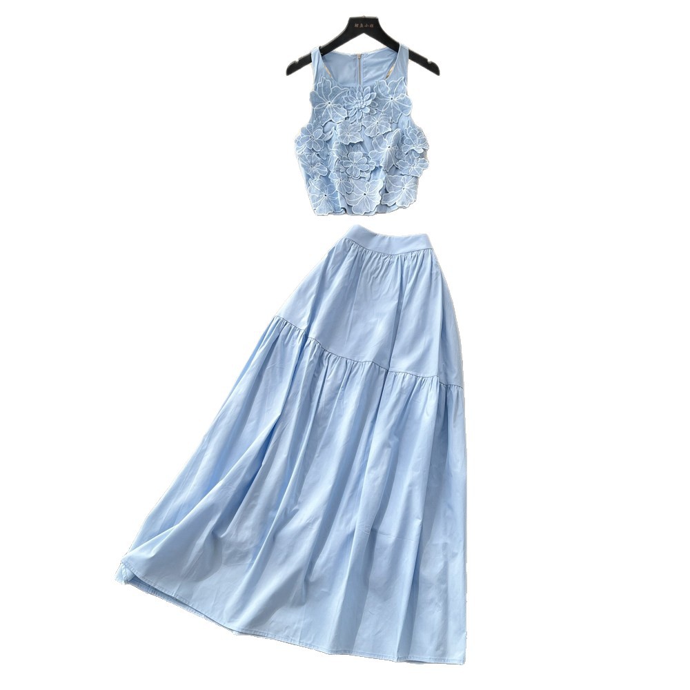 French Sweet Style Blue Vest and High Waisted Cake Skirt Two Piece Set for Women Summer Office Wear Slim Fit Elegant