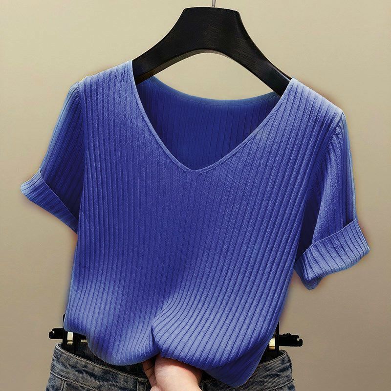 Womens Ice Silk Short Sleeve T Shirt Slim Fit V Neck Knitted Fabric Summer Casual Wear Wholesale Available