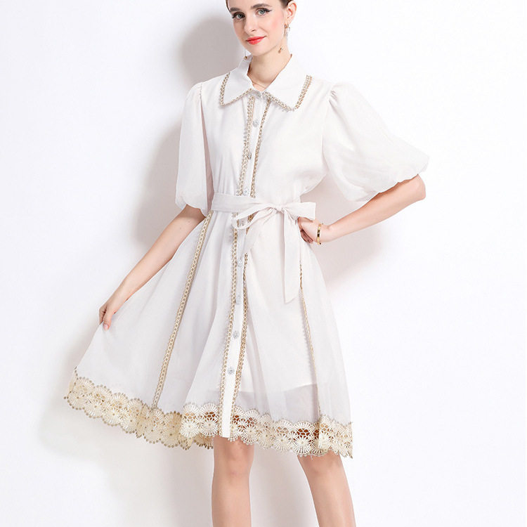 Vintage Inspired Womens Summer Dress Intricate Lace Paneling Waist Tie Lantern Sleeves Sheer Fabric Perfect for