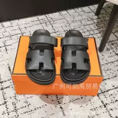 European and American High-End Genuine Leather Velcro Sandals, Flat Classic Cowhide H-Style Slippers, Comfortable Casual Shoes for Women
