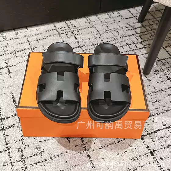 European and American High-End Genuine Leather Velcro Sandals, Flat Classic Cowhide H-Style Slippers, Comfortable Casual Shoes for Women