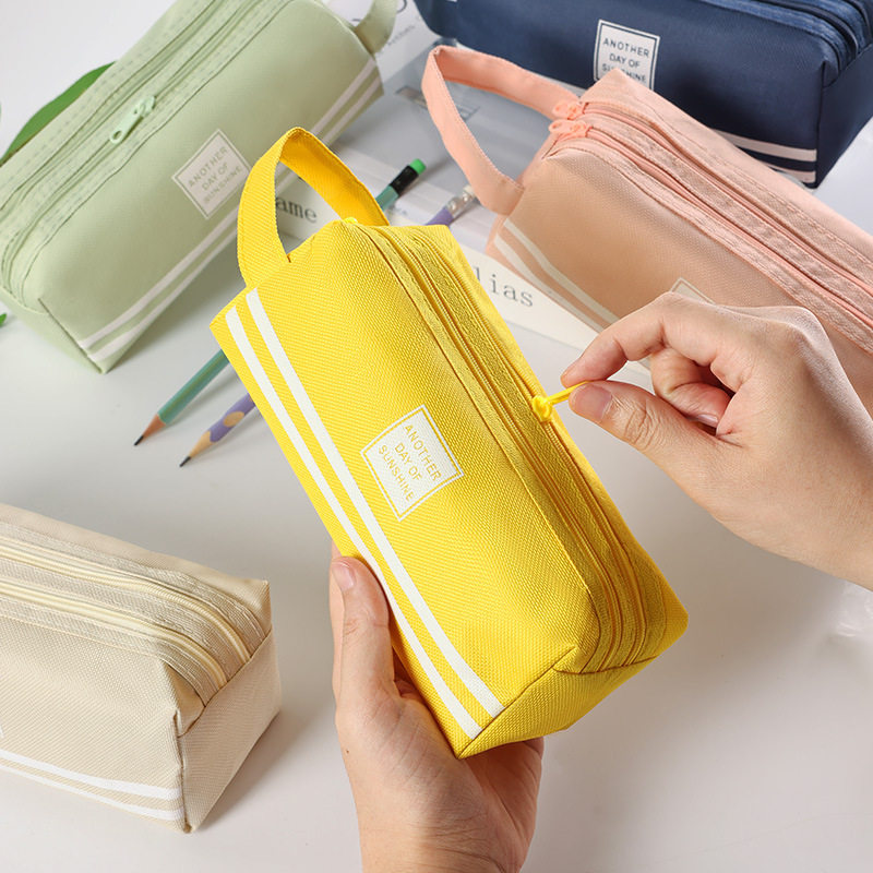 Double-Layer Oxford Cloth Pencil Case, Korean Style, Simple, Large Capacity, Double Zipper, Portable Zipper Stationery Bag for Primary School Students