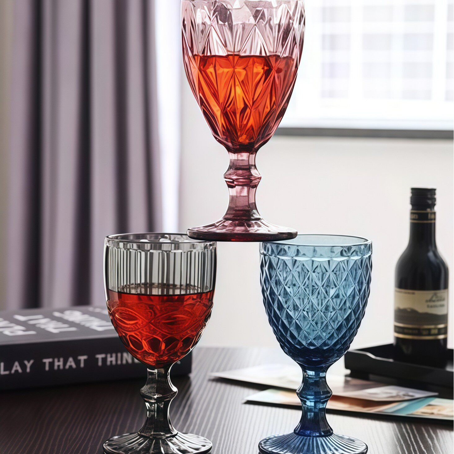 Cross-Border Wholesale European Style Embossed Red Wine Glass Colored Glass Beverage Cup Thickened Juice Milk Cup Wedding Goblet
