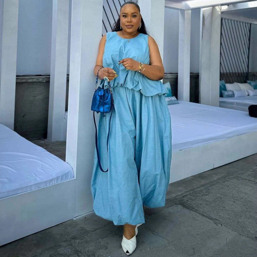 European and American Sleeveless Loose Waist Slimming Short Tops for Women African New Women's Wide-Leg Trousers Large Size Two-Piece Set