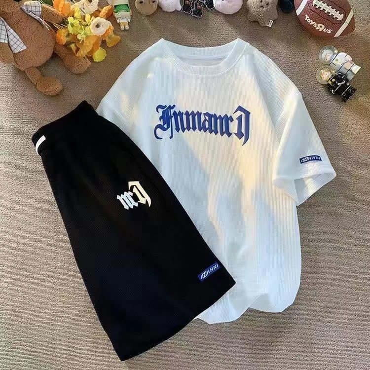 跨境华夫格休闲套装男夏季冰丝短袖t恤男装一套搭配运动衣服批发