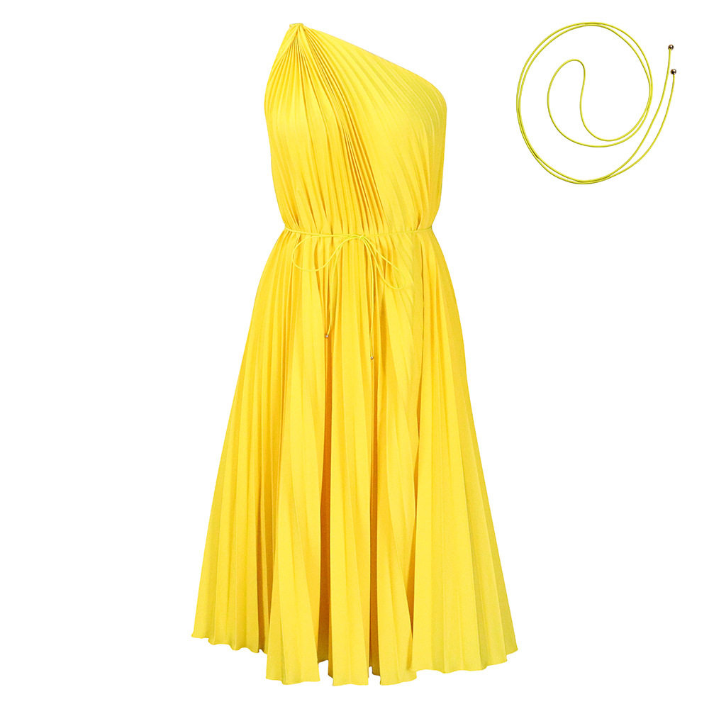 Plus Size Womens Dress Summer Collection Asymmetrical Shoulder Pleated Design Solid Color Elegant Style