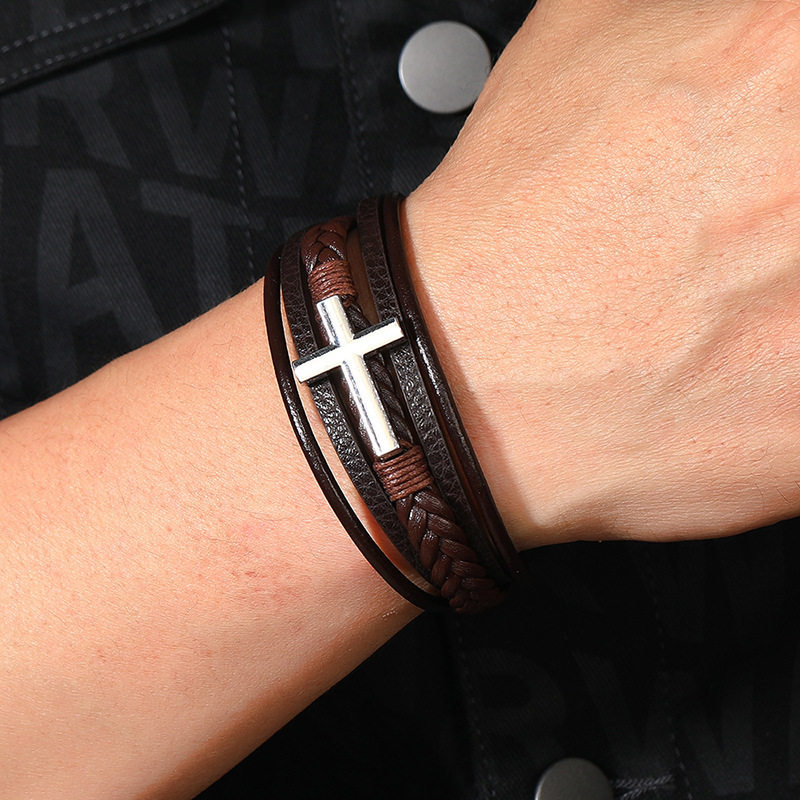 Europe and the United States hot new cross vintage leather bracelet men's multi-layer hand woven rope magnet buckle PU bracelet