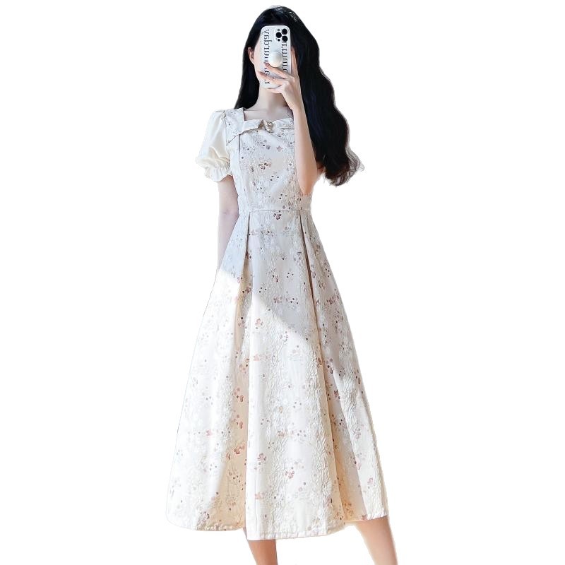 French Style Elegant Short Sleeve Maxi Dress Soft Floral Print White Color Summer Fashion Wholesale Available