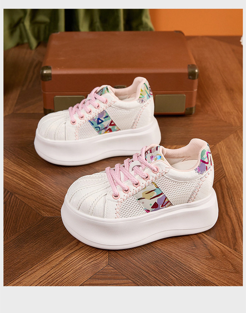 Giày sneaker nữ chạy bộ mesh thoáng đế dày trắng — Bột trắng, Hộp trắng vàng chi tiết 18
