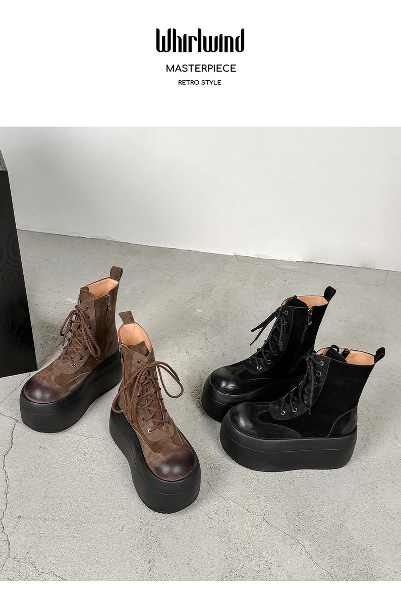 Boot Martin nữ đế dày 8.5cm cổ ngắn dây buộc phối màu da lộn — Lớp lót đơn màu be, Lớp lót đơn màu đen, Lót nhung đen, Lót nhung màu be