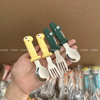304 Stainless Steel Creative Kidsren's Spoon and Fork High-Looking Kidsren's Eating Spoon Training Set Infant Silicone Spoon
