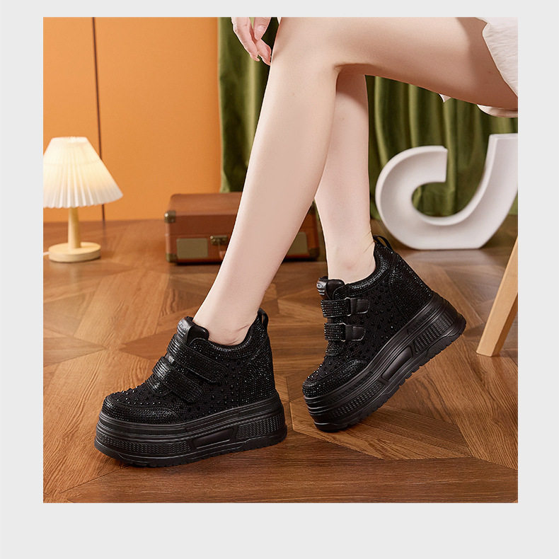 Giày sneaker nữ đế dày chunky trắng phối lưới thoáng khí gót 12 cm — Trắng, Đen chi tiết 13