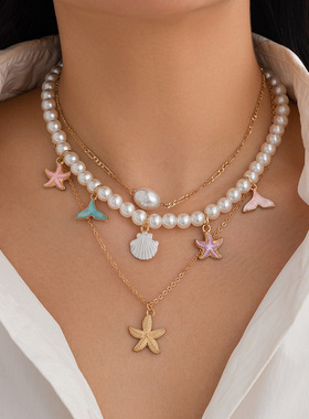 欧美跨境饰品 串珠贝壳海洋风复古项链 碎石巴洛克仿珍珠necklace