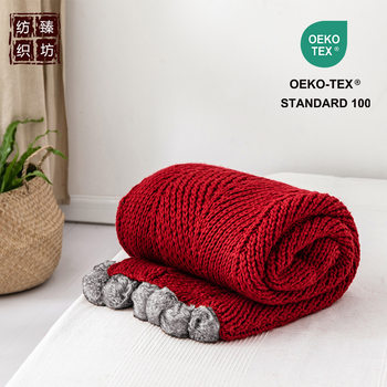 Red Fur Ball Thickeneded Knitted Blanket Corrugated Icelandic Knitted Ball Blanket Scandinavian Decorative Blanket Air Conditioning Leisure Blanket