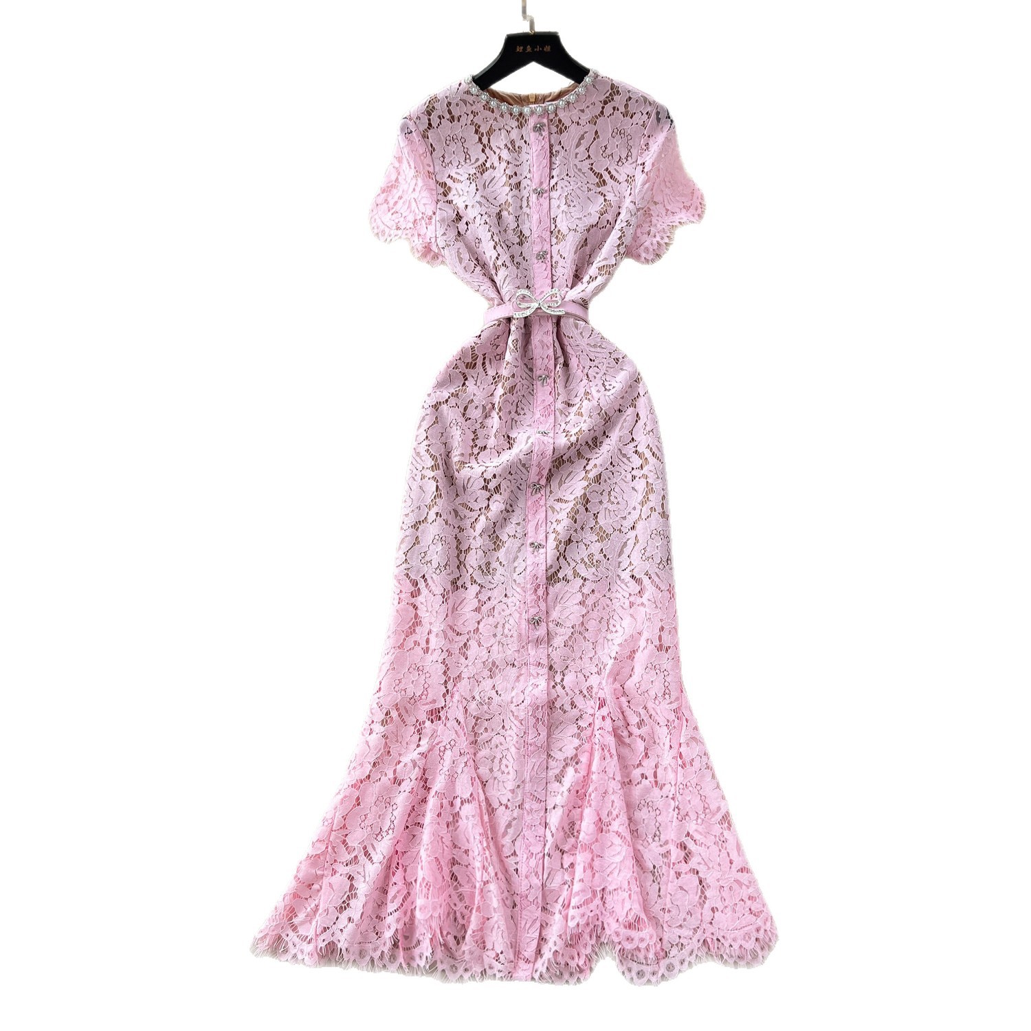 Luxury Lace Dress Rhinestone Embellished Short Sleeve Fishtail Design Elegant Evening Gown for Special Occasions
