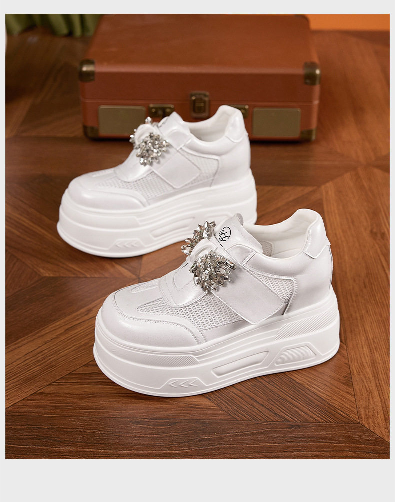 Giày sneaker nữ đế dày chunky trắng phối đá rhinestone, form hầm hố, tăng chiều cao — Trắng, Xám chi tiết 16