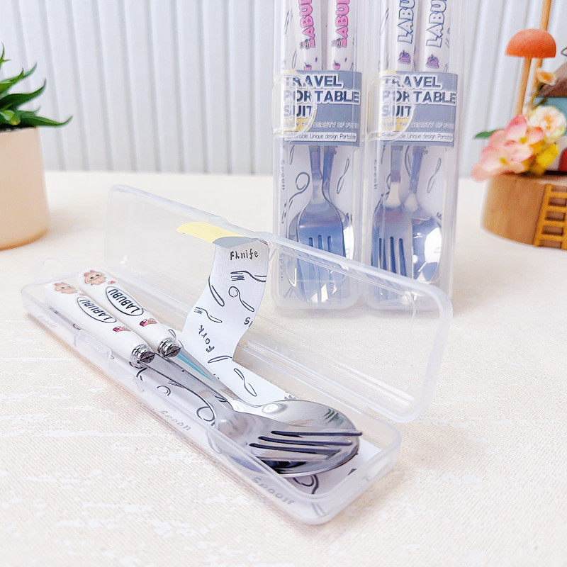Cartoon portable tableware box suit two-piece stainless steel fork spoon cloth cloth children's tableware combination