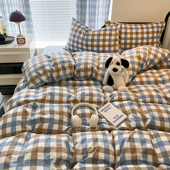 Japanese-style ins girl heart simple pink white plaid washed cloud cotton bed hat quilt set four-piece factory wholesale