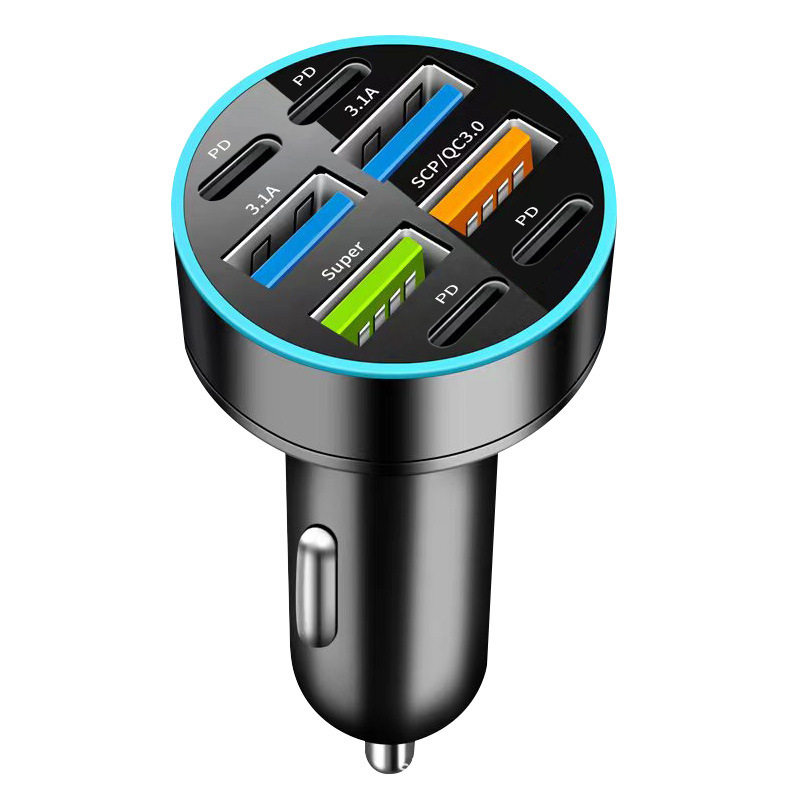New Digital Display Car Charger 4Usb Super Fast Charge 66W Pd Mobile Phone Charging Head One to Four with Halo Car Charging