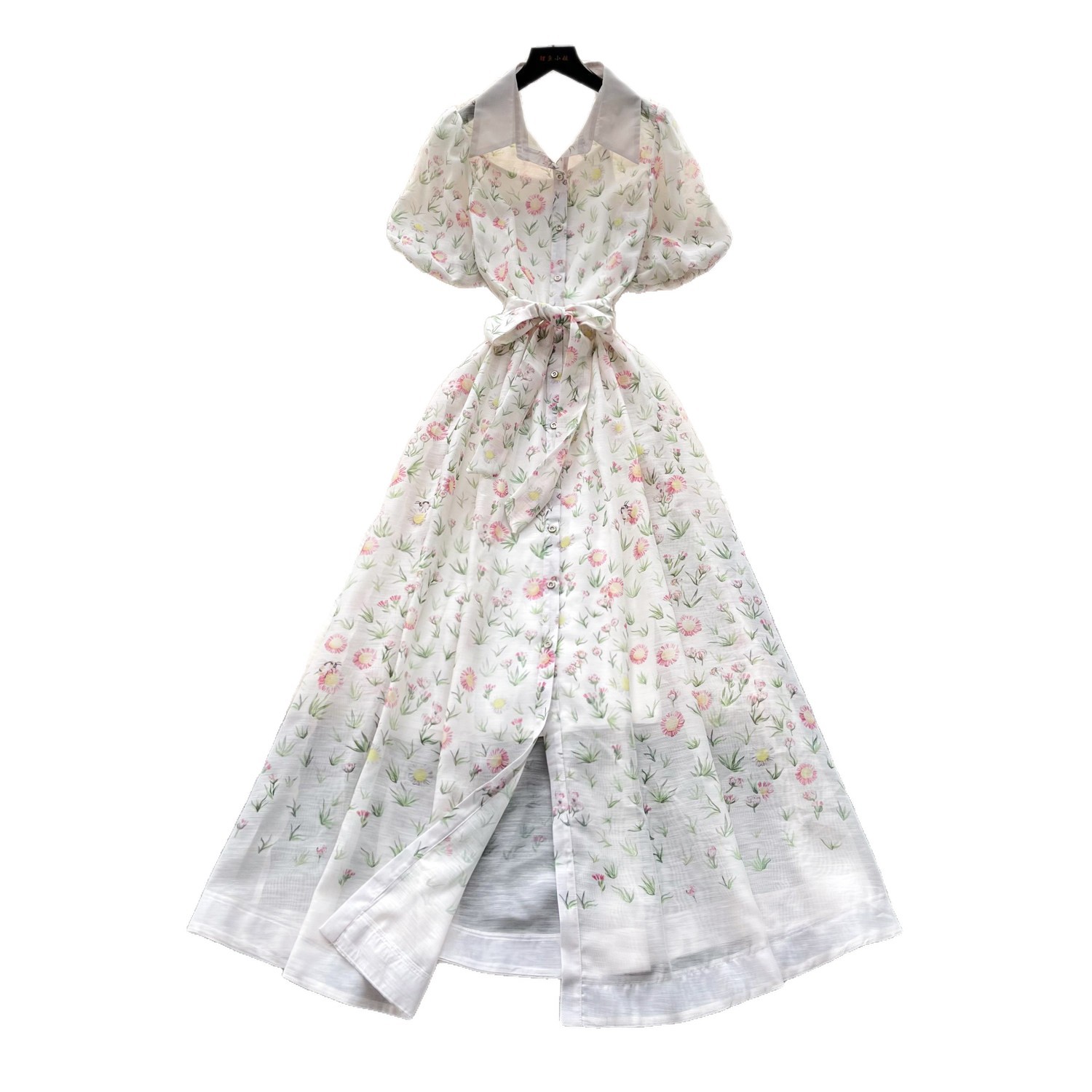 French Style Floral Print Dress for Women Short Sleeve Tie Waist A Line Silhouette Elegant Summer Occasion