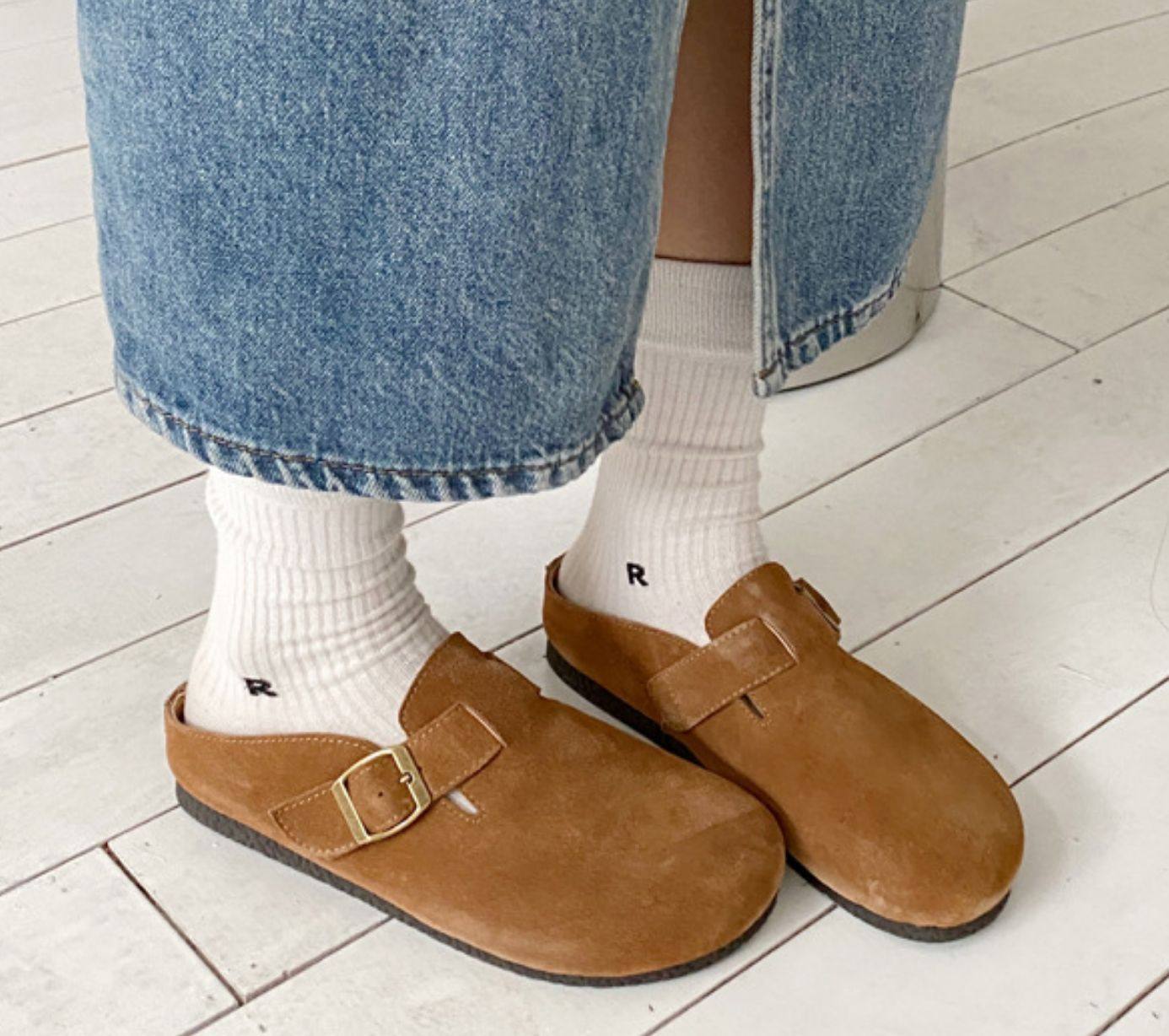 Genuine Leather Cow Suede Birkenstock Retro 2023 Autum New Flats Soft Sole Versatile One-Leg Toe Half Slippers