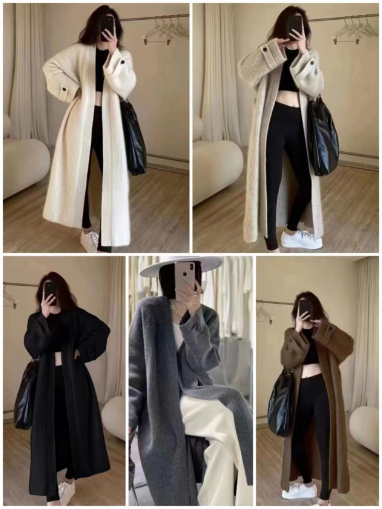 设计感V领软糯亲肤针织开衫2025秋慵懒风宽松过膝长款毛衣外套女