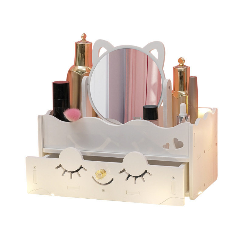 Customized Desktop Cosmetics Storage Box Beauty Tool Dressing Table with Drawer Organizer Box Cut Out Carved Storage Rack