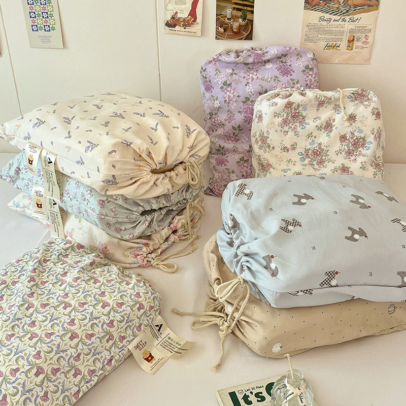 Thickened Ancient Twill Washed Cotton Set, Herringbone Pattern Small Cloth Bag, Four-Piece Cotton and Linen Floral Bedding Set