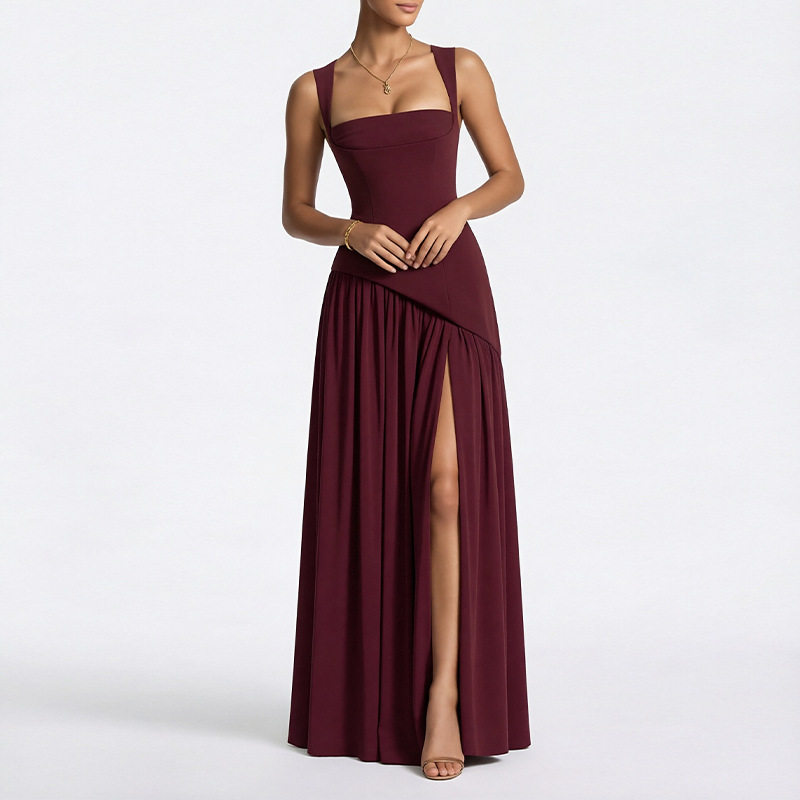 Womens Summer Dress Elegant Solid Color Pleated Design Side Slit Perfect for Casual or Formal Occasions Wholesale