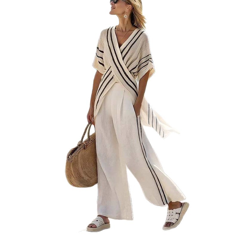 Fashionable Striped Cross Front Top and Wide Leg Pants Set Loose Fit Autumn Collection Casual Wear OEM Available