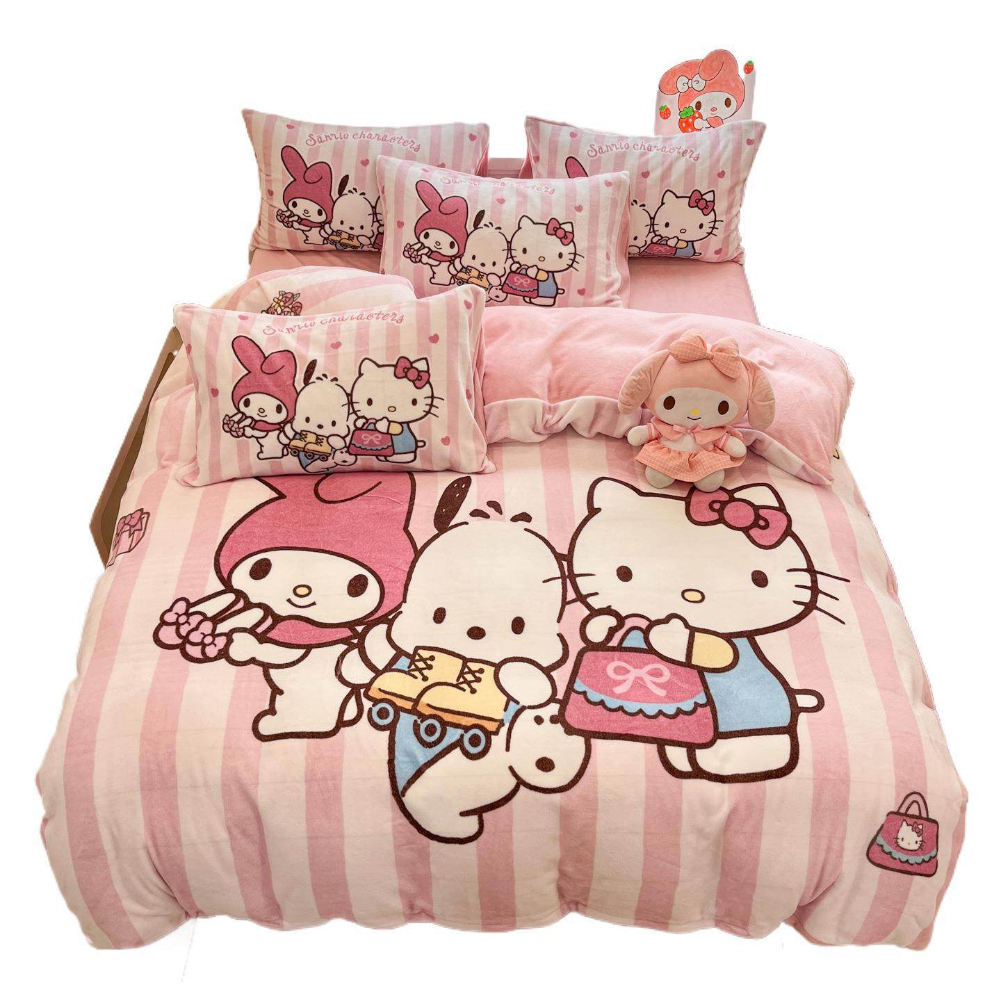 Sanrio Cartoon Winter Milk Velvet Bed Four-Piece Set Warm Fleece-Lined Bed Bed Sheets Quilt Cover Kidsren's Dormitory Three-Piece Set