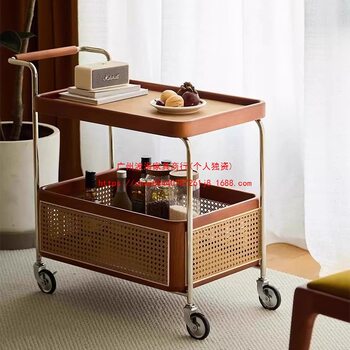 Side Table, Medieval Trolley, Solid Wood Rattan Living Room Mobile Storage Rack, Double-Layer Wheeled Sideboard for Home Use