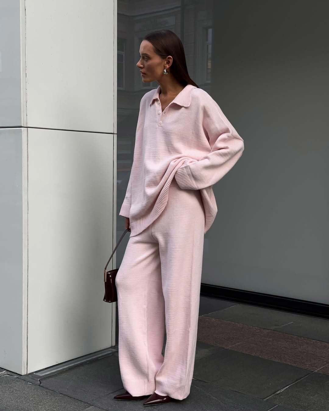 Womens Autumn Winter Solid Color Polo Neck Sweater Set Loose Fit Knit Sweater and Wide Leg Pants Casual Wear Wholesale