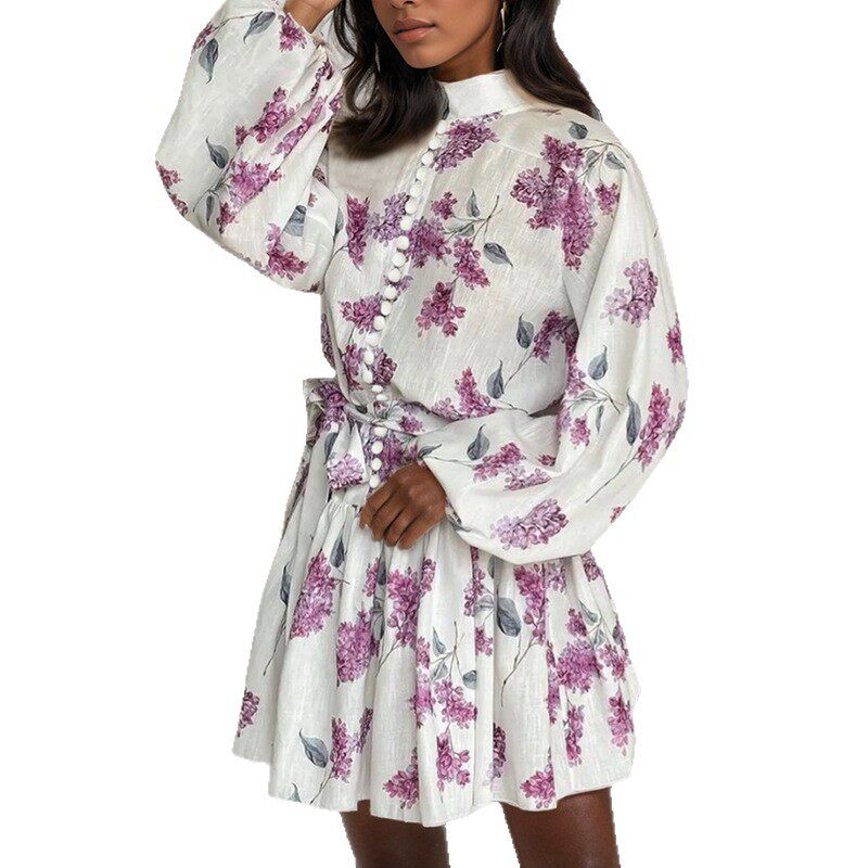 2026春季新款 跨境欧美外贸女装 优雅时尚国风印花绑带连衣裙短裙