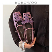 Fangu~ Genuine Leather Unique French-Style Hollow Cross-Strap Mary Jane Spring New Square-Toe Mid-Heel Women's Shoes
