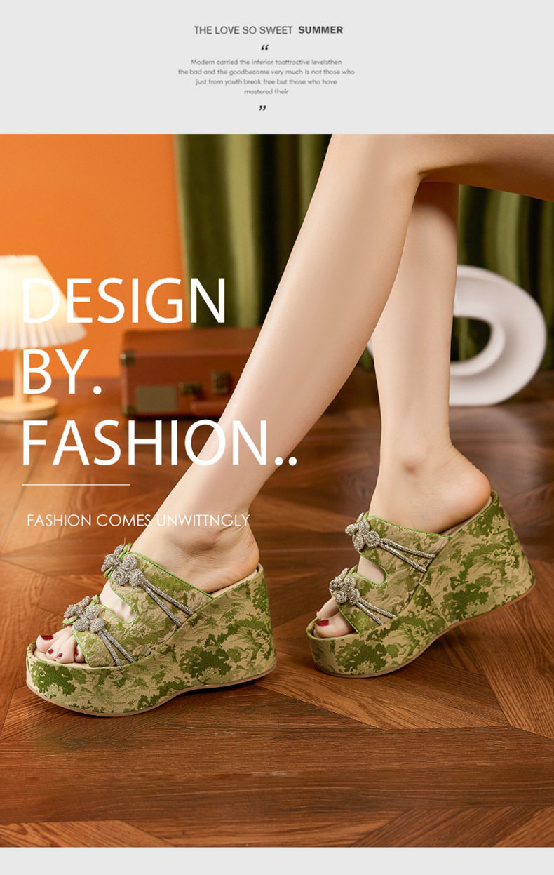 Sandal nữ quai chữ V đế TPU mềm mại, phong cách Trung Hoa thêu hoa — Len tinh khiết, Xanh lá, Đen chi tiết 9