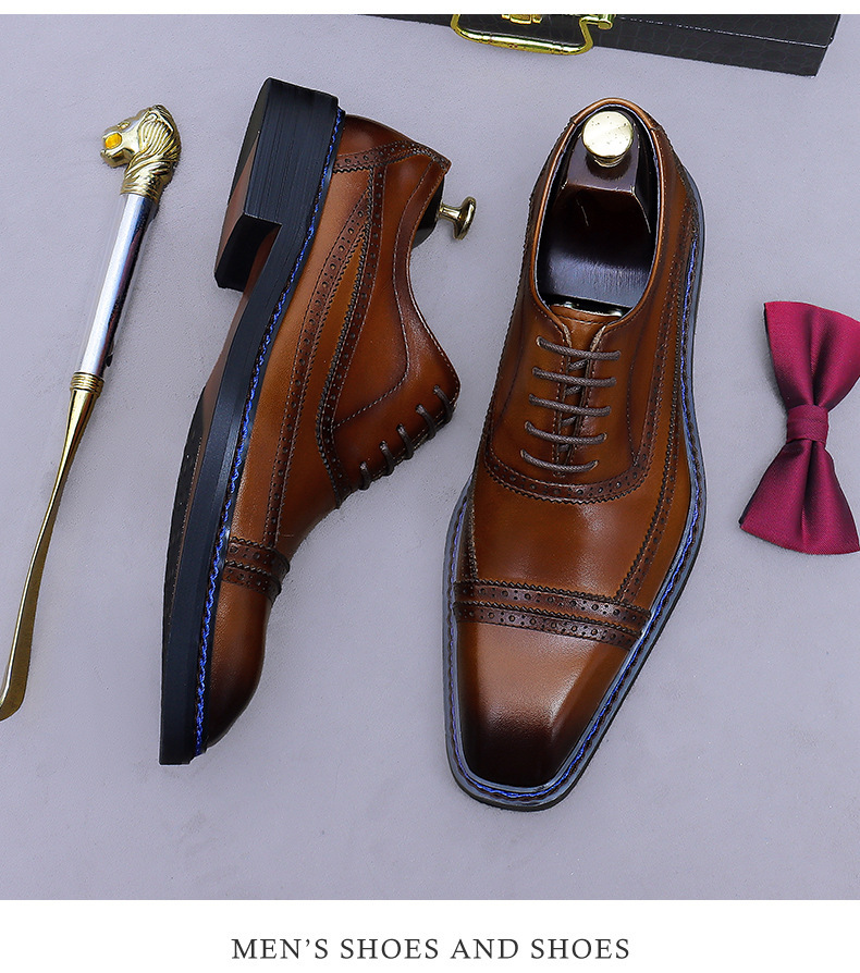 Giày Oxford nam da bò thật mũi vuông buộc dây phong cách công sở — Màu nâu (viền xanh), Màu nâu (viền đen), Đen (viền xanh), Đen (viền đen)