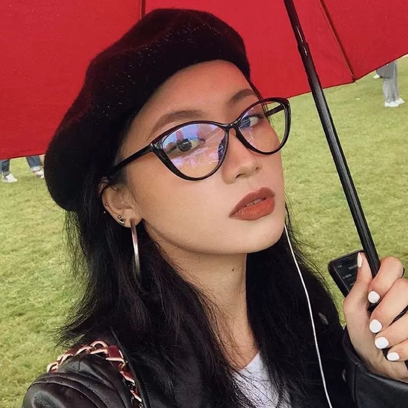 Large-Frame Cat-Eye Myopia Glasses for Women, Internet Celebrity Style, Retro Anti-Blue Light Flat Mirrors, Korean Style Plain Mirrors, Frame Glasses