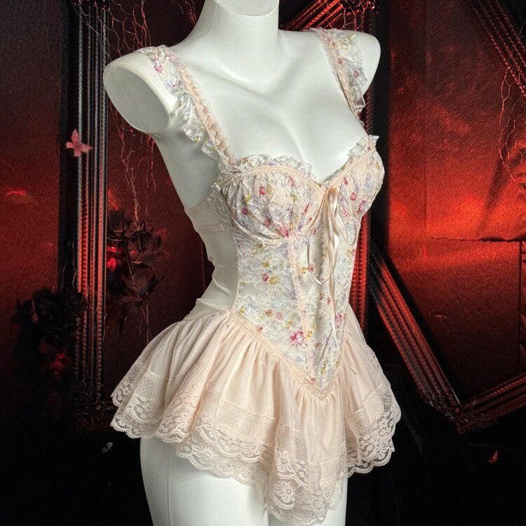 半糖引力碎花印染甜美鱼骨胸衣带胸垫纯欲吊带情趣内衣聚拢女992