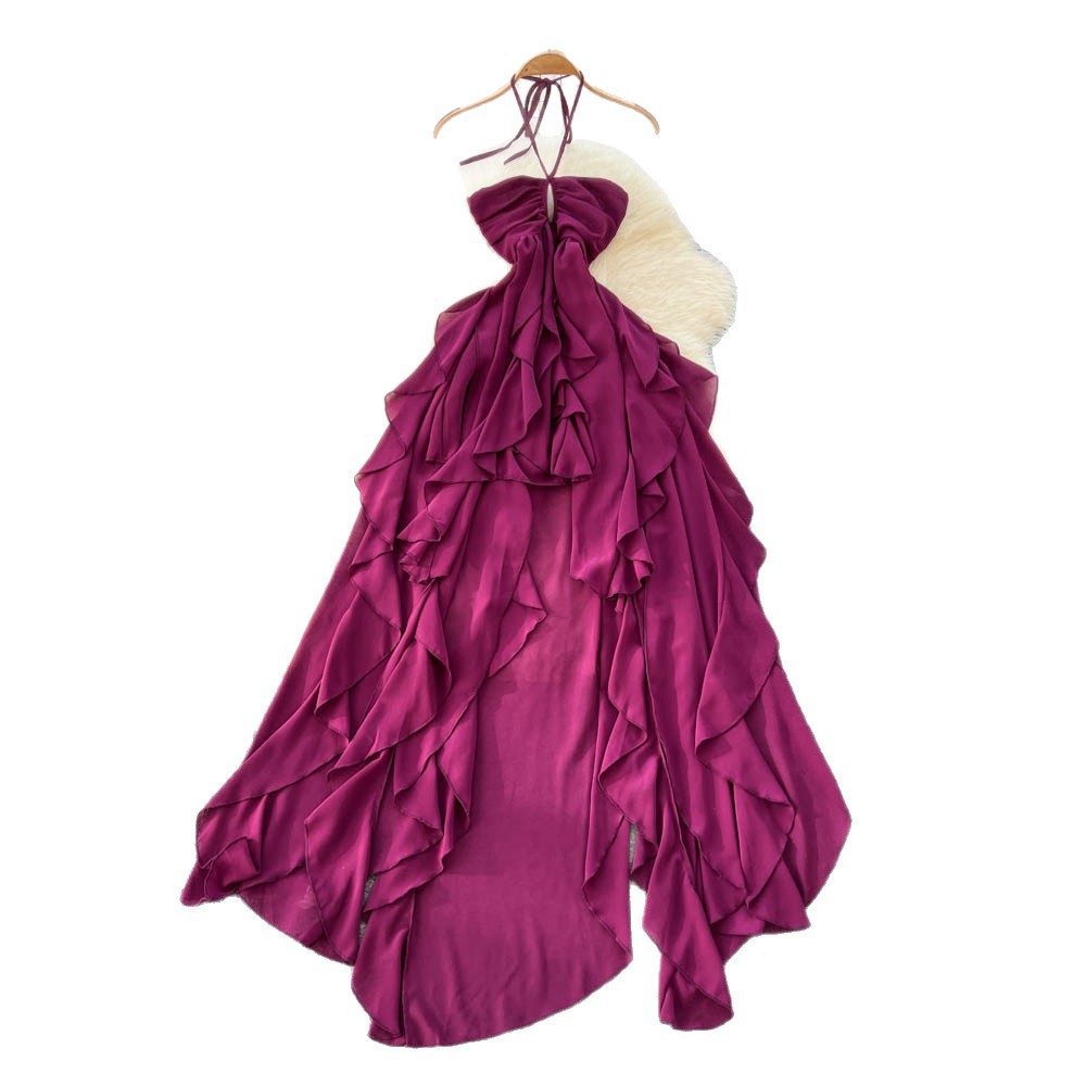 Summer Vacation Halter Ruffle Dress for Women High Waist A Line Irregular Hem Casual Office Wear Wholesale Available