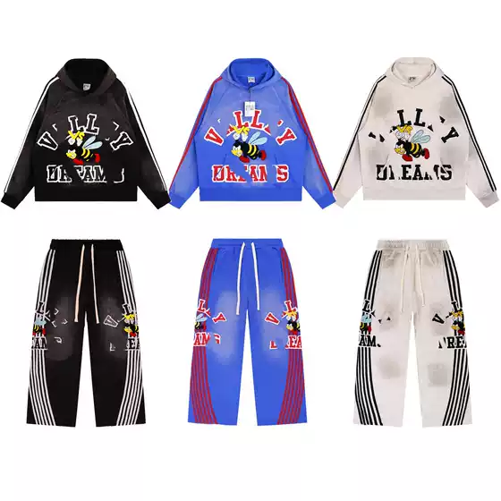 New European and American High Street Suit Valeanthem Little Bee Embroidered Letter Stripesd Men's Loose Hoodie