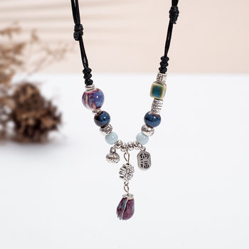 Drunk dream love ceramic beaded necklace women's new Chinese retro braided rope necklace National style Zen Hanfu clavicle chain
