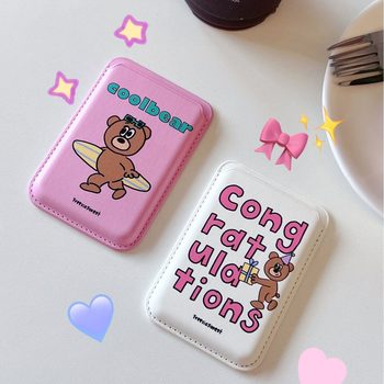 Korean Bear Suitable for Iphone17Pro Magnetic Card Holder Magsafe Back Sticker Pu Leather Card Holder Mobile Phone Case 16