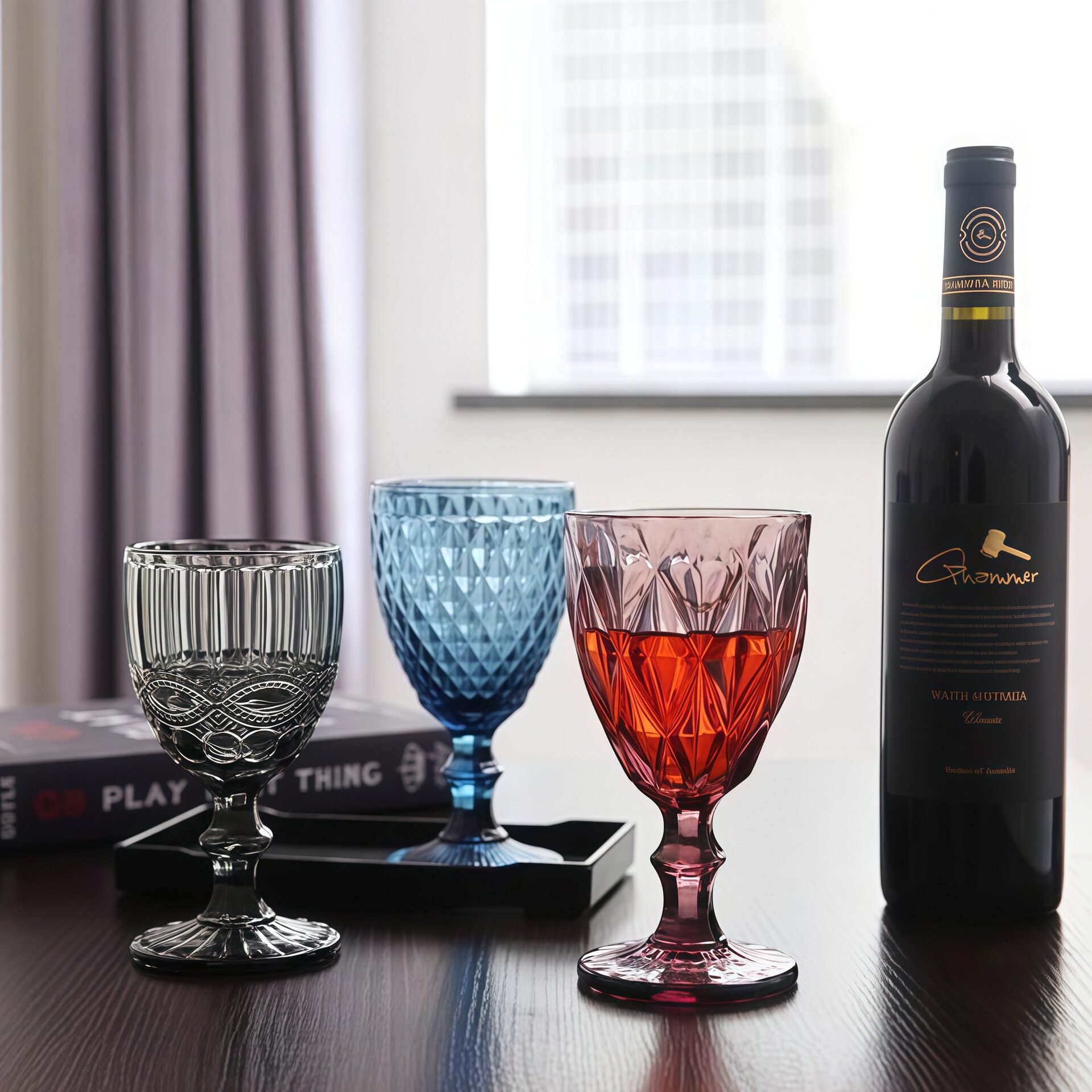 Cross-Border Wholesale European Style Embossed Red Wine Glass Colored Glass Beverage Cup Thickened Juice Milk Cup Wedding Goblet
