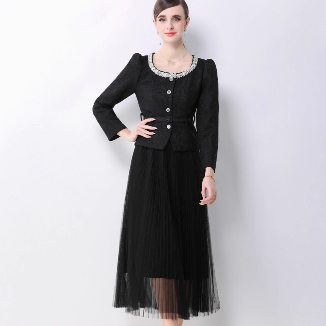 Chic Womens Suit Jacket Beaded Round Neck Waist Cinched Design High Waisted Tulle Pleated Skirt Elegant French Style