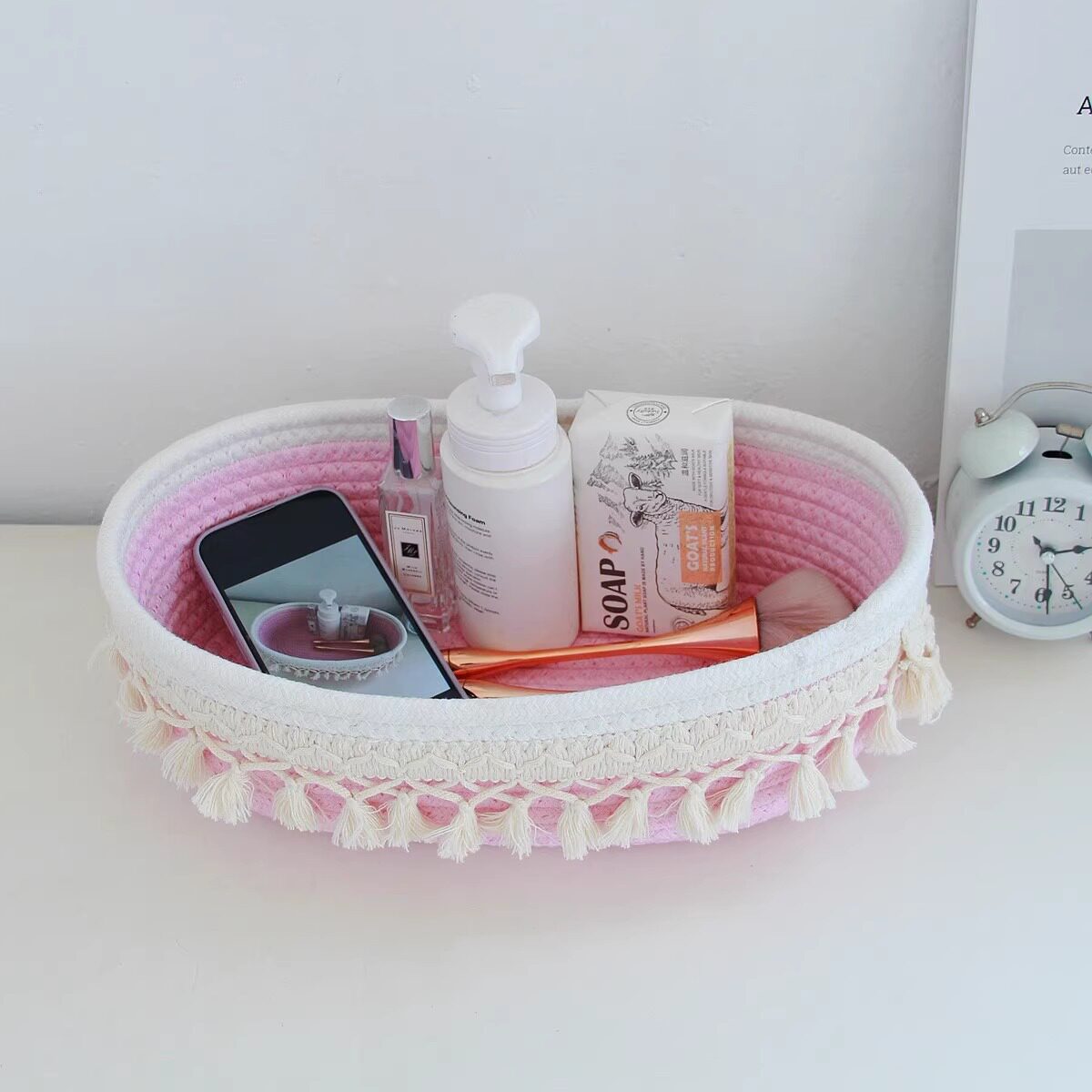 Woven Basket Off-White Rectangular Round Tassel Cotton Rope Storage Basket Sundry Storage Basket Living Room Storage Basket